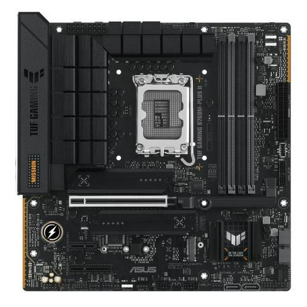 Материнська плата LGA1700, Asus TUF GAMING B760M-PLUS II, B760, 4xDDR5, Int.Video(CPU), 4xSATA3, 3xM.2, 1xPCI-E 5.0 x16, 1xPCI-E 4.0 x4, 1xPCI-E 3.0 x1, Realtek 7.1, Realtek 2.5Gb, 6xUSB 3.2 / 7xUSB 2.0, HDMI/DP, MicroATX
