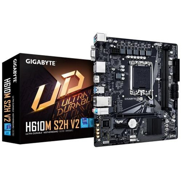 Мат.плата LGA1700, Gigabyte H610M S2H V2, H610, 2xDDR5, Int.Video(CPU), 4xSATA3, 1xM.2, 1xPCI-E 4.0 x16, 1xPCI-E 3.0 x1, ALC997, Realtek GLan, 4xUSB3.2/8xUSB2.0, VGA/HDMI/2xDP, MicroATX