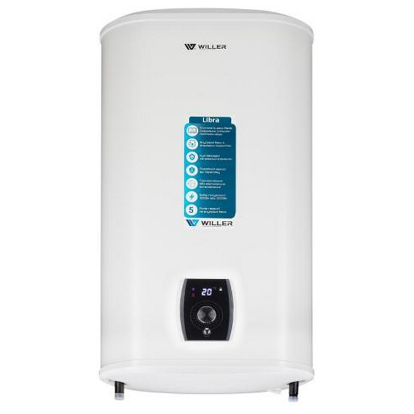Водонагрівач Willer EVH80DRI Libra, White, 2000W, 80л, плаский, сухий ТЕН, універсальний монтаж, 2 ТЕНи, електронне керування, цифровий дисплей, 2 режими потужності, зовнішній терморегулятор, бак титанокварцова емаль, D, 90х57х31см