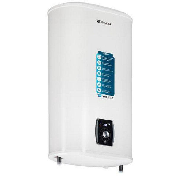 Водонагрівач Willer EVH80DRI Libra, White, 2000W, 80л, плаский, сухий ТЕН, універсальний монтаж, 2 ТЕНи, електронне керування, цифровий дисплей, 2 режими потужності, зовнішній терморегулятор, бак титанокварцова емаль, D, 90х57х31см - 2
