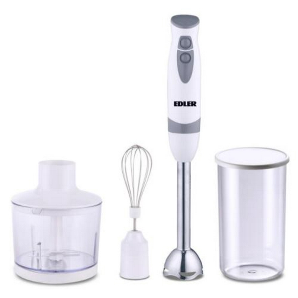 Блендер Edler EDHB-1049, White/Grey, 700W, занурювальний, 2 швидкості, мірний стакан 600мл, подрібнювач 500мл, вінчик для збивання, нога та леза з нержавіючої сталі