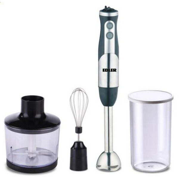 Блендер Edler EDHB-1251, Black/Steel, 500W, занурювальний, 2 швидкості з плавним регулюванням, мірний стакан 600мл, подрібнювач 500мл, вінчик для збивання, нога та леза з нержавіючої сталі
