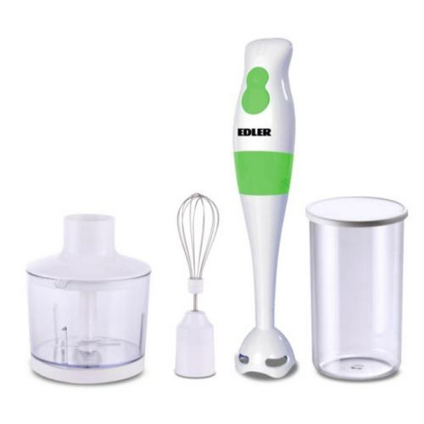 Блендер Edler EDHB-1630, White/Green, 250W, занурювальний, 2 швидкості, мірний стакан 600мл, подрібнювач 500мл, вінчик для збивання, нога пластикова