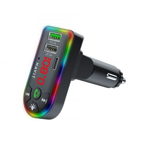 FM-модулятор Havit HV-FM813BT, Black, від прикурювача, Bluetooth 5.3 + EDR, 2xUSB / Type-C, microSD / USB / Type-C / AUX / FM передавач (87.5-108МГц)