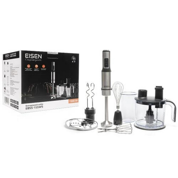Блендер Eisen EBSS-155WS, Black, 1500W, занурювальний, 15 швидкостей з ступінчатим регулюванням, ТУРБО, мірна склянка 800мл, великий подрібнювач 1500мл, 2 диски для шинкування та терка, насадка-міксер, гаки для тіста, вінчик - 8