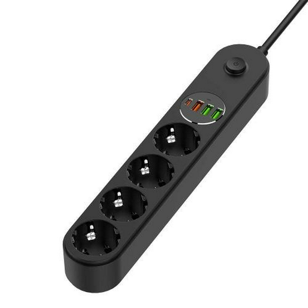 Фільтр мережевий ColorWay, 4 розетки, 2 м, Black, 1xType-C (45 Вт, PD3.0), 1xUSB (30 Вт, QC3.0), 2xUSB (12 Вт), дріт з міді (до 2500 Вт), 10A (CW-CHE44PDB)