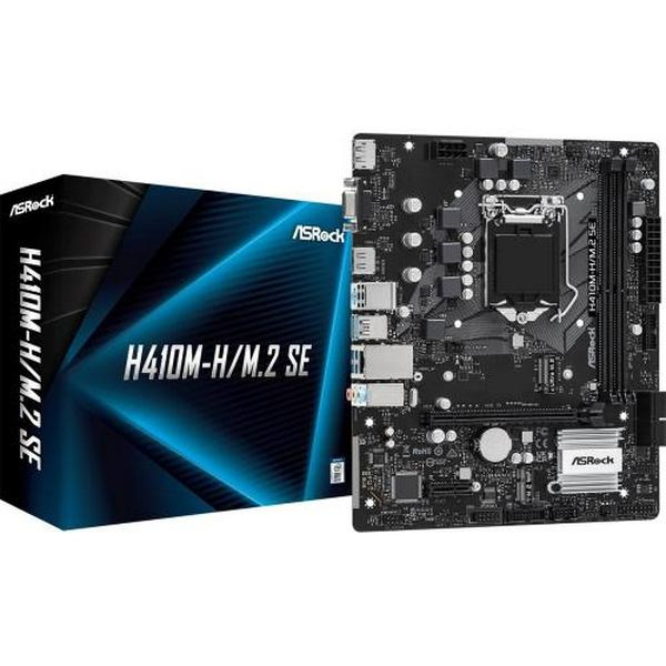 Мат.плата 1200 (H410) ASRock H410M-H/M.2 SE, H370, 2xDDR4, Int.Video(CPU), 4xSATA3, 1xM.2, 1xPCI-E 3.0 x16, 1xPCI-E 3.0 x1, 1xM.2 (Key E), ALC897, RTL8111H, 6xUSB3.2/6xUSB2.0, VGA/HDMI/DP, MicroATX