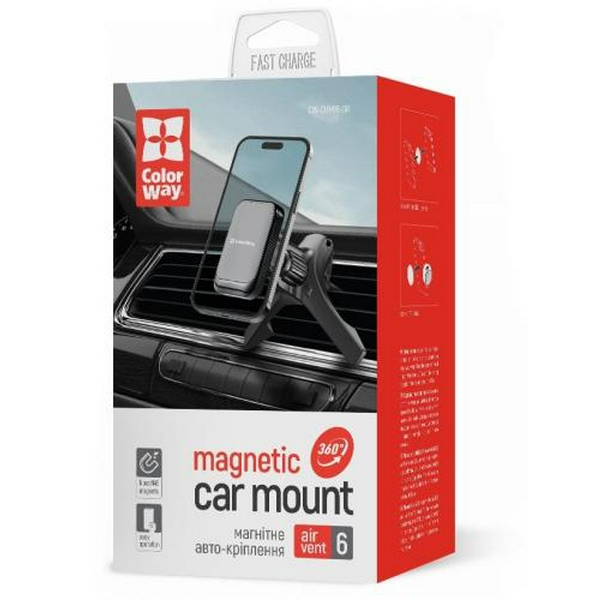 Автотримач для телефону ColorWay Air Vent 6, Grey, магнітний, в дефлектор повітроводу, поворот тримача на 360° (CW-CHM16-GR) - 5