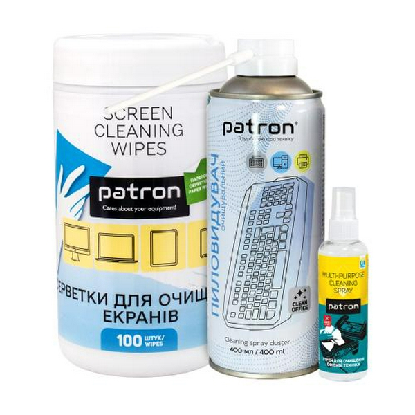 Набір чистячий Patron: серветки в тубі для екранів (100 шт), спрей для оргтехніки 100 мл, стиснене повітря 400 мл (CS-PN-BUNDL-7)