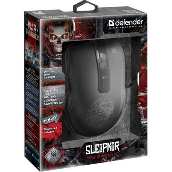 Миша Defender Sleipnir GM-927, Black, USB, оптична, 800-6400 dpi, 60 IPS, 5 програмованих кнопок, райдужне підсвічування, 1.5 м, килимок в комплекті (52927) - 6