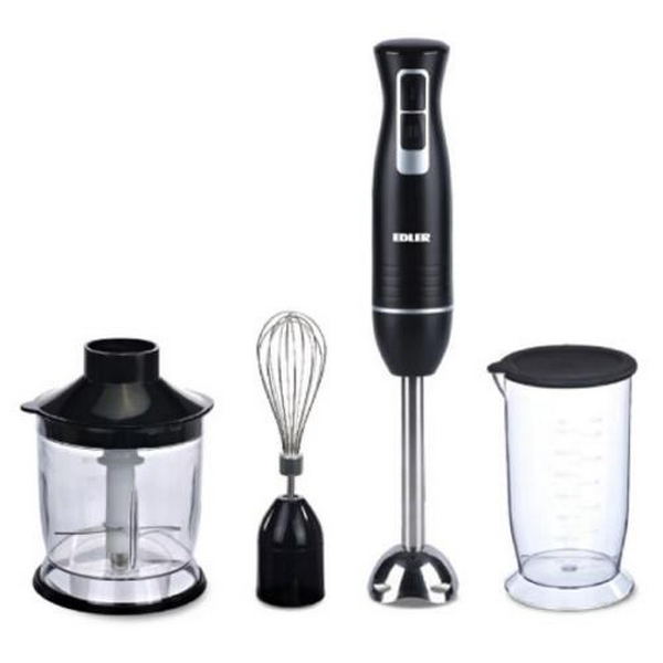 Блендер Edler EDHB-2115, Black, 400W, занурювальний, 2 швидкості, мірний стакан з кришкою 700мл, подрібнювач 500мл, вінчик для збивання, нога та леза з нержавіючої сталі, корпус з ABS пластику