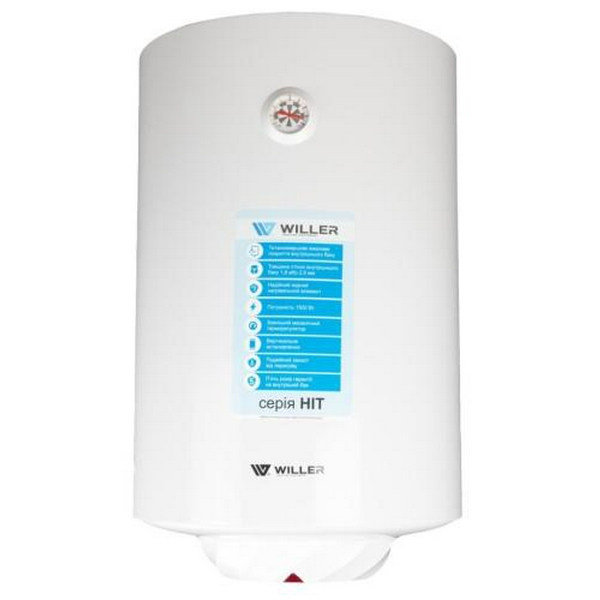 Водонагрівач Willer EV100R-HIT, White, 1500W, 100л, вертикальний, мокрий ТЕН, механічне керування, зовнішній терморегулятор, бак титанокварцова емаль, C, 90.8х45х46.5см