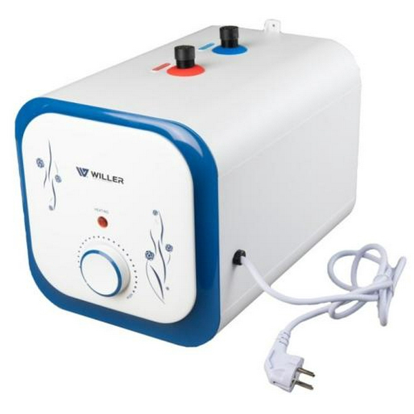 Водонагрівач Willer PU10RF Cubus, White/Blue, 1500W, 10л, мокрий ТЕН, горизонтальний, механічне керування, під мийкою, прямокутний, подача води зверху, зовнішній терморегулятор, В, 25.1x25.1х38.6см