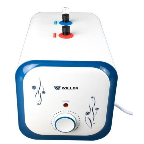 Водонагрівач Willer PU10RF Cubus, White/Blue, 1500W, 10л, мокрий ТЕН, горизонтальний, механічне керування, під мийкою, прямокутний, подача води зверху, зовнішній терморегулятор, В, 25.1x25.1х38.6см - 2