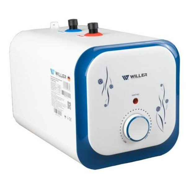 Водонагрівач Willer PU10RF Cubus, White/Blue, 1500W, 10л, мокрий ТЕН, горизонтальний, механічне керування, під мийкою, прямокутний, подача води зверху, зовнішній терморегулятор, В, 25.1x25.1х38.6см - 4
