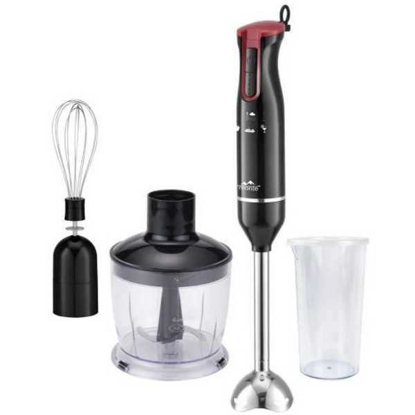 Блендер Monte MT-1905, Black/Red, 700W, занурювальний, 2 швидкості, мірний стакан 600 мл з кришкою, чаша подрібнювач 500 мл, ножка з нержавіючої сталі, вінчик
