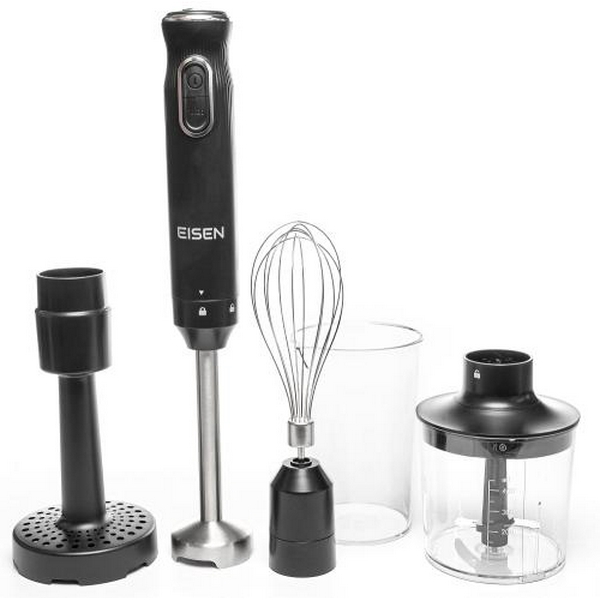 Блендер Eisen EBS-104P, Black, 1000W, занурювальний, 2 швидкості з плавним регулюванням, турбо режим, подрібнювач 400мл, склянка 500мл, насадка для пюре, вінчик