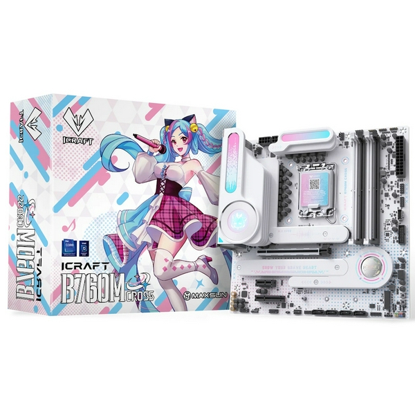 Мат.плата LGA1700, Maxsun iCraft B760M CROSS, B760, 4xDDR5, Int.Video(CPU), 4xSATA3, 1xPCI-E 16x 5.0, 1xPCI-E 4x 3.0, 1xPCI-E 1x, 3xM.2 4.0, RTL8125B, 4xUSB3.2/4xUSB2.0, 1xUSB TypeC 3.2, DP/HDMI, WiFi 6E+BT5.3, 14phase, ARGB,MicroATX(MS-iCraft B760M 
