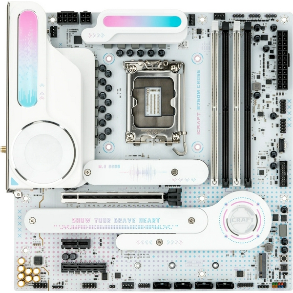 Мат.плата LGA1700, Maxsun iCraft B760M CROSS, B760, 4xDDR5, Int.Video(CPU), 4xSATA3, 1xPCI-E 16x 5.0, 1xPCI-E 4x 3.0, 1xPCI-E 1x, 3xM.2 4.0, RTL8125B, 4xUSB3.2/4xUSB2.0, 1xUSB TypeC 3.2, DP/HDMI, WiFi 6E+BT5.3, 14phase, ARGB,MicroATX(MS-iCraft B760M  - 2