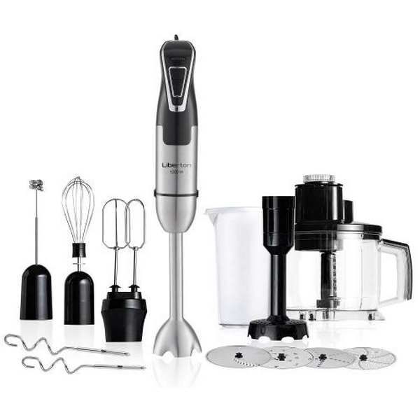 Блендер Liberton LHB-0312, Black/Inox, 1200W, занурювальній, плавне рег швидкості, вінчик, мірний стакан 600мл, мультиподрібнювач 1,75л, 4 диски, гак для тіста, насадка для пюре, насадка-міксер, спінювач молока