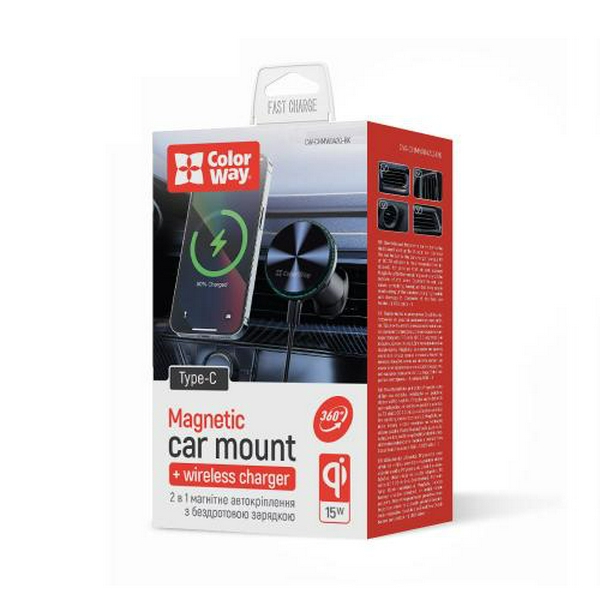 Автотримач для телефону ColorWay MagSafe Air Vent, Black, 15 Вт, бездротова зарядка (Qi), у дефлектор повітроводу, поворотний шарнір 360°, від 4" до 6.5" (CW-CHMW042Q-BK) - 6