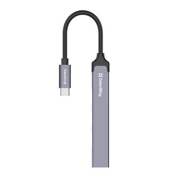 Хаб USB ColorWay "4-in-1", Grey, Type-C 3.0 - 1xUSB 3.0 / 3xUSB 2.0, кабель 12 см, алюмінієвий корпус (CW-HUB04)