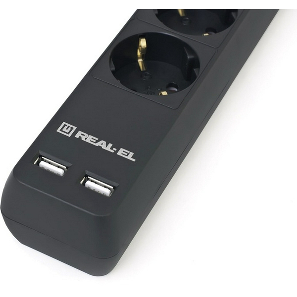 Фільтр мережевий REAL-EL RS-6 Protect USB, 6 розеток, 5 м, Black, 2xUSB (2.1A), 16А, до 3.68 кВт, вимикач, заземлення, 3x1.5 мм² (EL122300018) - 2