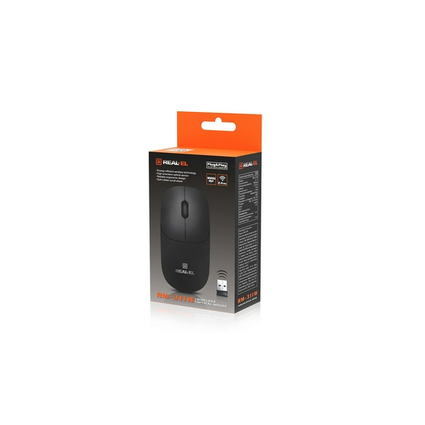 Миша REAL-EL RM-311W Wireless, Black, бездротова, USB, оптична, 1000 dpi, 2 кнопки, 2xAAA - 2