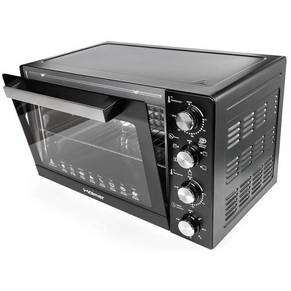 Електродуховка Holmer HEO-248CRL Black, 1700w, 48л, конвекція, внутрішня підсвітка, в комплекті деко з антипригарним покриттям та решітка гриль, індикатор роботи, таймер, 70-250 °C, фіксація відкритого положення дверцят