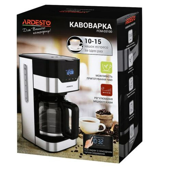 Кавоварка Ardesto FCM-D3100, Black/Silver, 900W, крапельна, 1.5л, дисплей, таймер, рег. міцності - 4