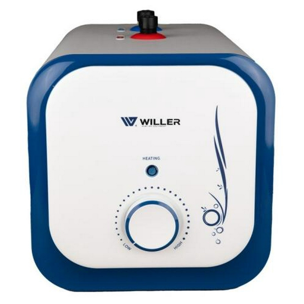 Водонагрівач Willer PU07RF Cubus, White/Blue, 1500W, 7л, мокрий ТЕН, горизонтальний, механічне керування, під мийкою, прямокутний, подача води зверху, зовнішній терморегулятор, В, 25.1x25.1х38.6см