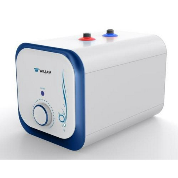 Водонагрівач Willer PU07RF Cubus, White/Blue, 1500W, 7л, мокрий ТЕН, горизонтальний, механічне керування, під мийкою, прямокутний, подача води зверху, зовнішній терморегулятор, В, 25.1x25.1х38.6см - 2