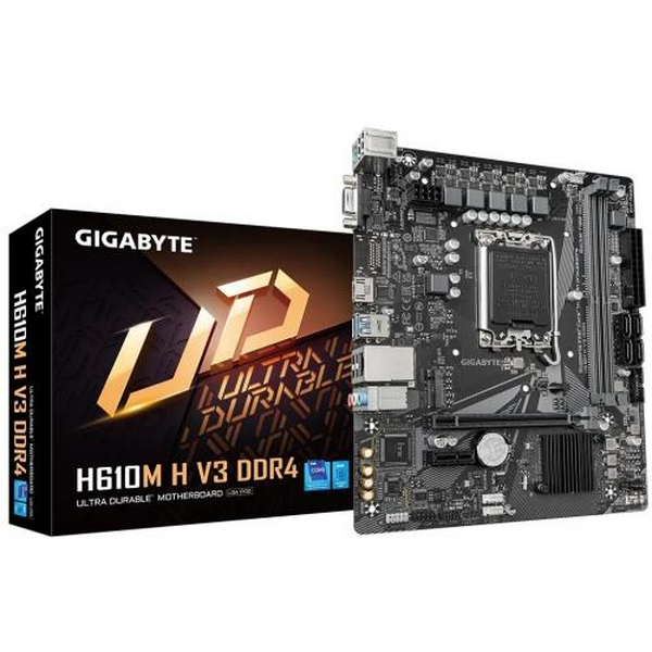 Мат.плата LGA1700, Gigabyte H610M H V3 DDR4, H610, 2xDDR4, Int.Video(CPU), 4xSATA3, 1xM.2, 1xPCI-E 4.0 x16, 1xPCI-E 3.0 x1, ALC997, Realtek GbE, 4xUSB3.2/8xUSB2.0, VGA/HDMI, MicroATX