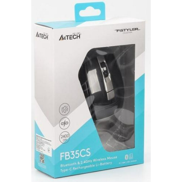 Миша A4Tech Fstyler FB35CS, Smoky Grey, USB, бездротова безшумна, оптична, BT+RF (Combo), 1200/1600/2000/2400 dpi, 125 Hz, 6 кнопок, вбудований Li акумулятор - 5