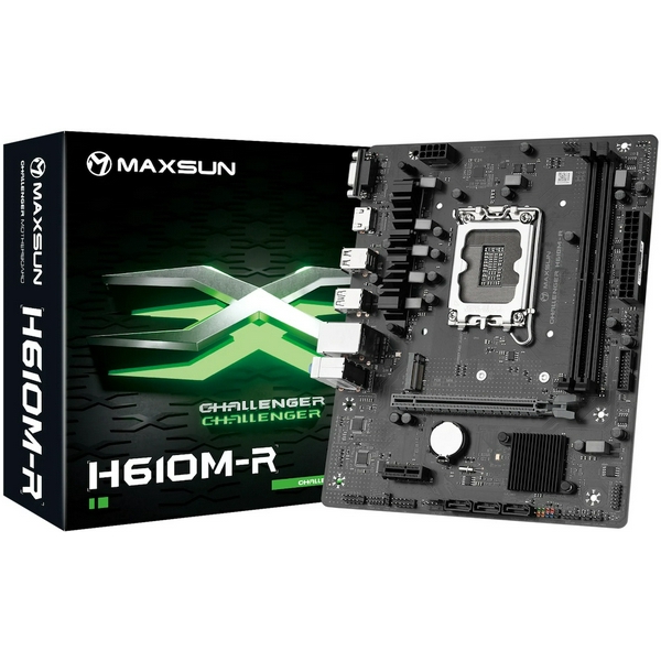Мат.плата LGA1700, Maxsun Challenger H610M-R V2, H610, 2xDDR4, Int.Video(CPU), 3xSATA3, 1xPCI-E 16x 4.0, 1xPCI-E 1x, M.2 3.0, RTL8111H, 2xUSB3.2/2xUSB2.0, VGA/HDMI, MicroATX (MS-Challenger H610M-R V2)