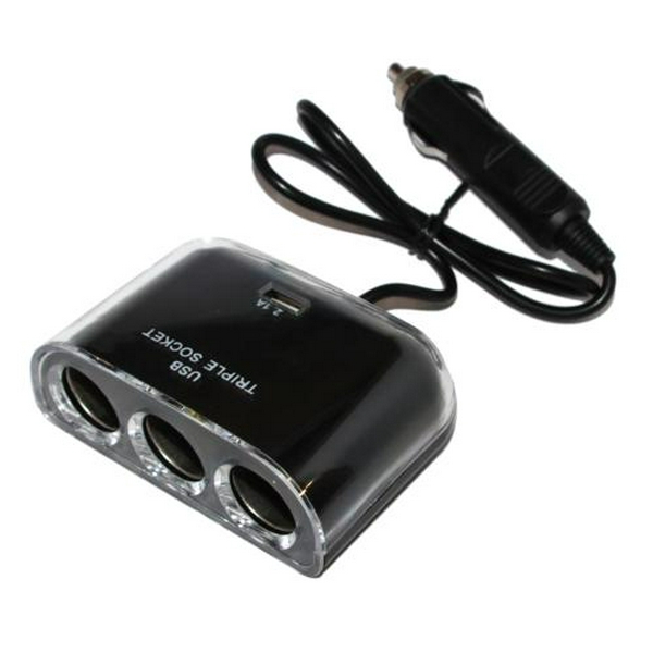 Автомобільний зарядний пристрій Atcom ES-09 Black, хаб 3*DC12 + 1*USB, 2.1A(MAX), 120W