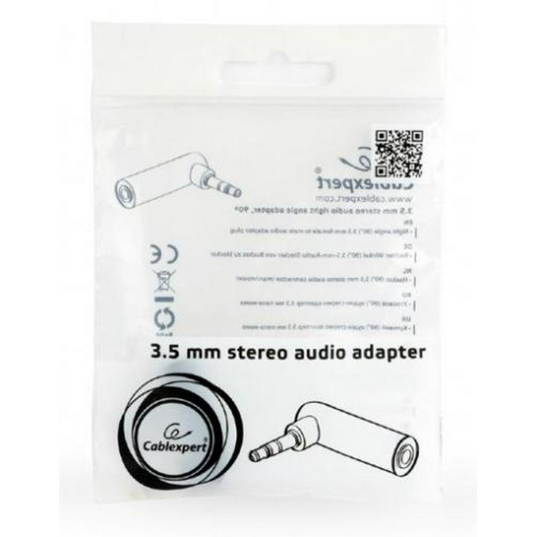 Перехідник звуковий, 3.5 мм (M) - 3.5 мм (F), Black, Cablexpert, кутовий роз'єм (A-3.5M-3.5FL) - 2