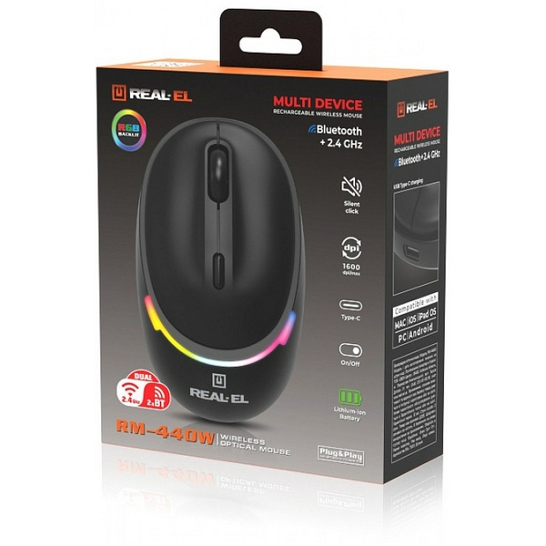Миша REAL-EL RM-440W Rechargeable Wireless, Black, бездротова, Type-C, BT, RGB, оптична, 1600 dpi, 3 кнопки - 9
