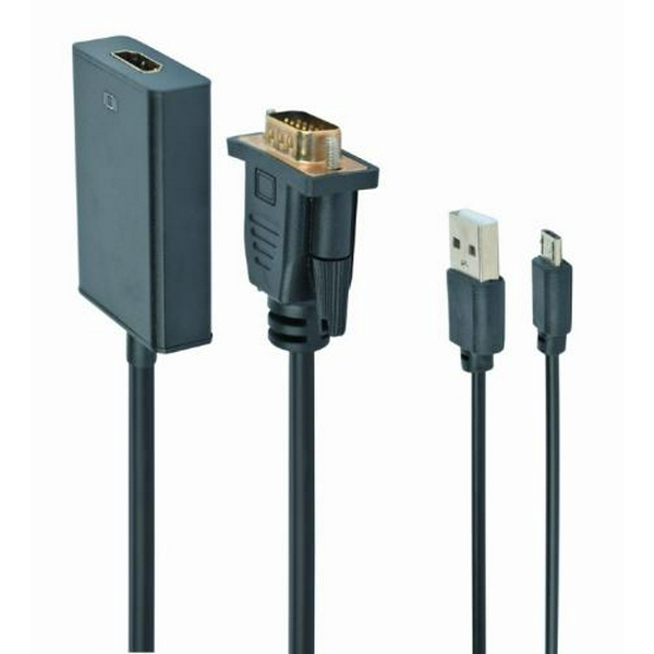 Перехідник VGA (M) - HDMI (F), Cablexpert, Black, 15 см, 3.5 мм для передачі звуку, microUSB для додаткового живлення (A-VGA-HDMI-01)