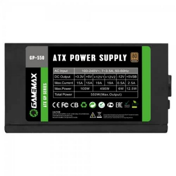 Блок живлення 550 Вт, GameMax GP-550, Black, 80+ Bronze, Active PFC, 14 см, 3xMolex / 5xSATA / 1x6+2-pin / 1x4+4-pin / 1x20+4-pin, захист OVP / UVP / SIP / OCP / OLP / OPP / SCP - 5