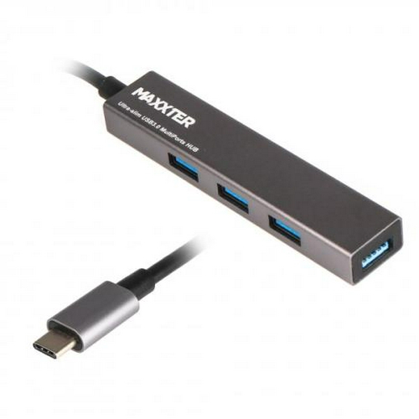 Хаб USB Maxxter HU3C-4P-02, Grey, Type-C 3.0 - 4xUSB 3.0, кабель 20 см, алюмінієвий корпус