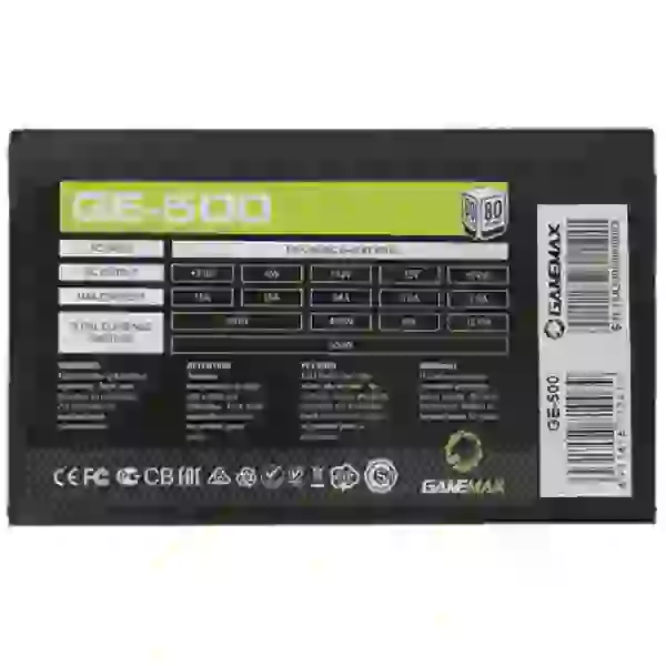 Блок живлення 500 Вт, GameMax GE-500, Black, 80+ Basic, Active PFC, 12 см, 3xMolex / 4xSATA / 1x6+2-pin / 1x4+4-pin / 1x20+4-pin, захист OVP / UVP / SIP / OCP / OLP / OPP / SCP - 3