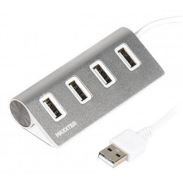 Хаб USB Maxxter HU2A-4P-01, Silver, USB 2.0 - 4xUSB 2.0, кабель 30 см, алюмінієвий корпус