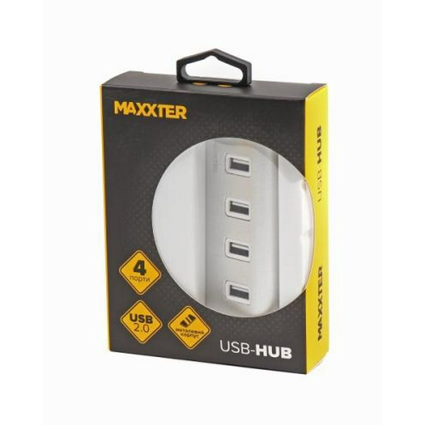 Хаб USB Maxxter HU2A-4P-01, Silver, USB 2.0 - 4xUSB 2.0, кабель 30 см, алюмінієвий корпус - 4
