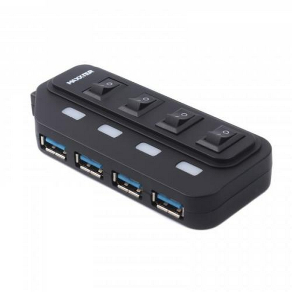 Хаб USB Maxxter HU2A-4P-AC-02, Black, USB 2.0 - 4xUSB 2.0, кабель 1 м, блок живлення, індивідуальні вимикачі на кожний порт