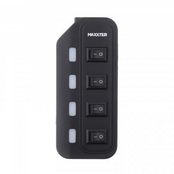 Хаб USB Maxxter HU2A-4P-AC-02, Black, USB 2.0 - 4xUSB 2.0, кабель 1 м, блок живлення, індивідуальні вимикачі на кожний порт - 3