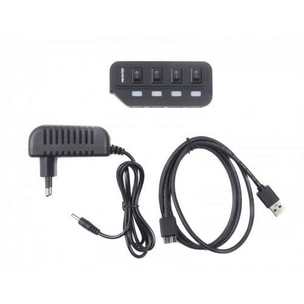 Хаб USB Maxxter HU2A-4P-AC-02, Black, USB 2.0 - 4xUSB 2.0, кабель 1 м, блок живлення, індивідуальні вимикачі на кожний порт - 4