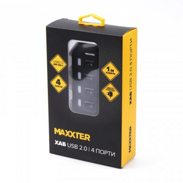 Хаб USB Maxxter HU2A-4P-AC-02, Black, USB 2.0 - 4xUSB 2.0, кабель 1 м, блок живлення, індивідуальні вимикачі на кожний порт - 5