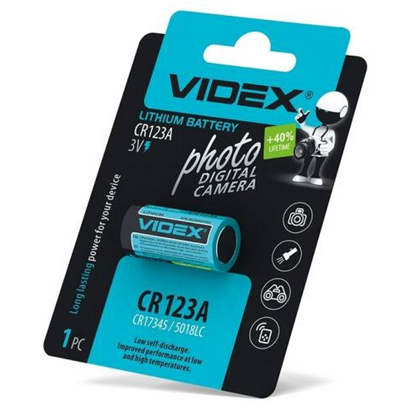 Батарейка CR123A, літієва, Videx, 1 шт, 1500mAh, 3V, Blister