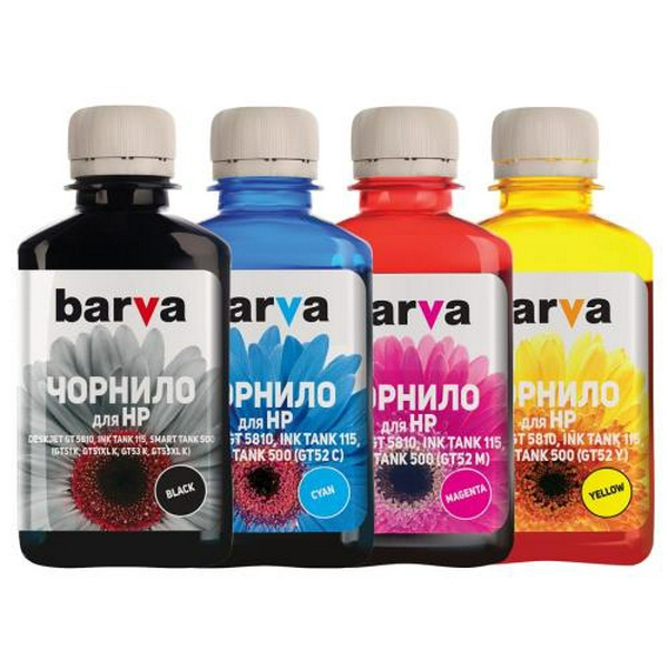 Комплект чорнил Barva HP GT51/GT52, GT/Ink Tank/Smart Tank, Black / Cyan / Magenta / Yellow, 4x180 мл (HGT53-180-MP)